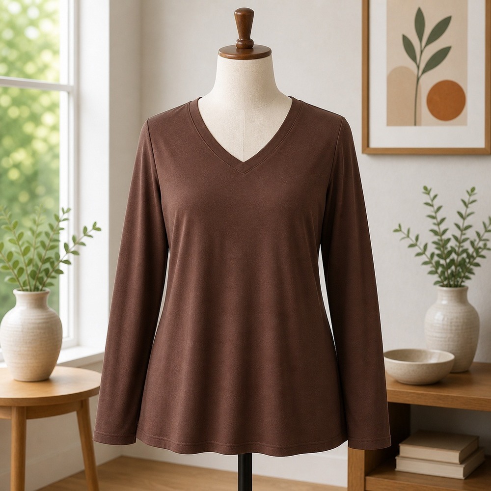 Susan Graver Modern Essentials Liquid Knit V-Neck Tunic Brown Small Petite